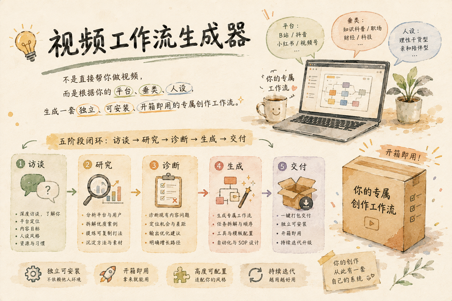 视频工作流生成器主图：三个问题换一套专属工作流